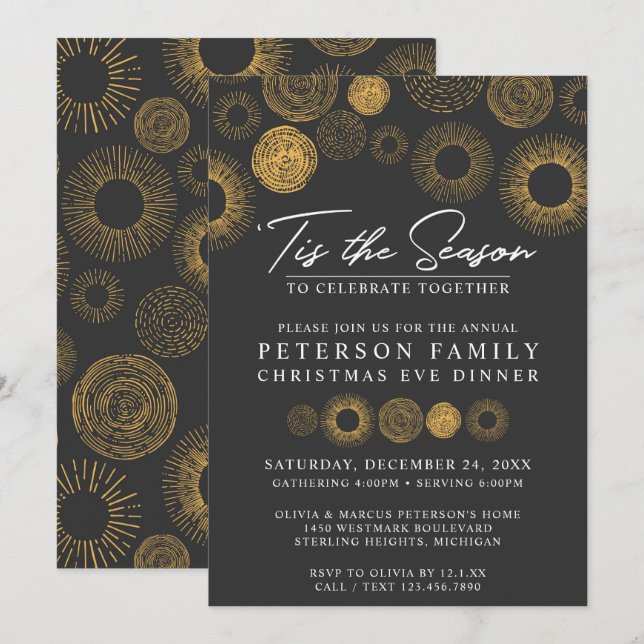 Invitation Retro Noël Gold Burst Dîner de vacances / Fête (Devant / Derrière)