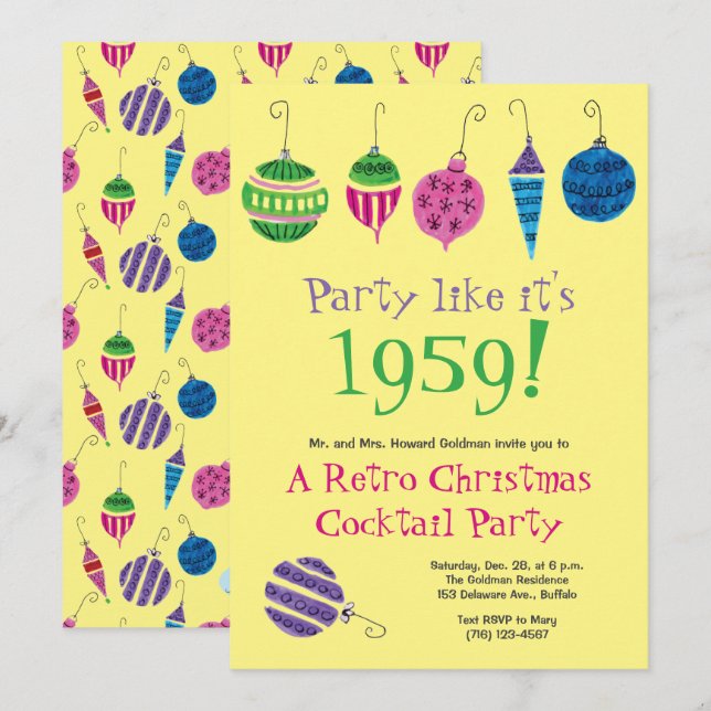 Invitation Retro Noël Illustré à la main Cocktail Party (Devant / Derrière)