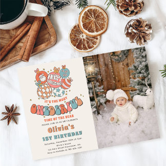 Invitation Retro Noël Père Noël UN premier anniversaire