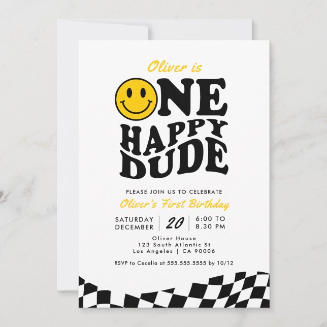 Invitation Retro One Happy Dude Smile Face Boy 1er anniversai (Devant)
