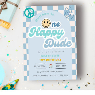 Invitation Retro One Happy Dude Super garçon 1er anniversaire
