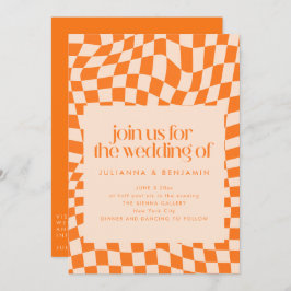 Invitation Retro Orange Abstract Check Wedding QR Code RSVP