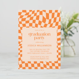 Invitation Retro Orange Abstrait Checkerboard Graduation