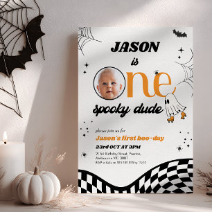 Invitation Retro Orange Black One Éffrayant Dude 1er annivers