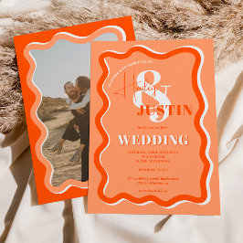 Invitation Retro orange courbe squiggle ondulée photo mariage