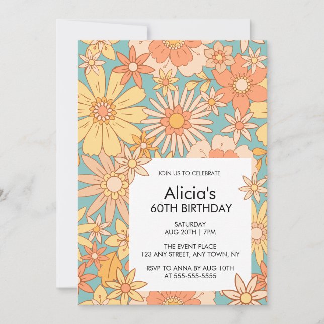 Invitation Retro Orange Peach Flora Motif 60e anniversaire (Devant)