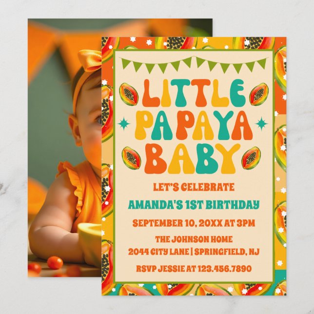 Invitation Retro Papaya 1er Anniversaire Fête Photo Invitatio (Devant / Derrière)