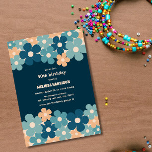 Invitation Retro Peach Dark Green Boho Flower 40th Birthday