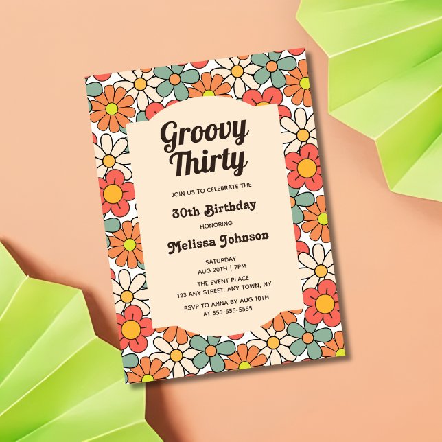 Invitation Retro Peach Orange Floral Super 30e anniversaire (Créateur téléchargé)