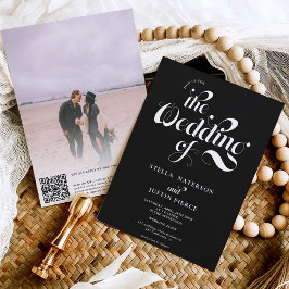 Invitation Retro photo blanc noir script mariage Qr code