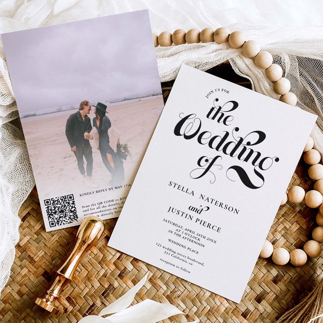 Invitation Retro photo noir blanc script mariage Qr code (Créateur téléchargé)