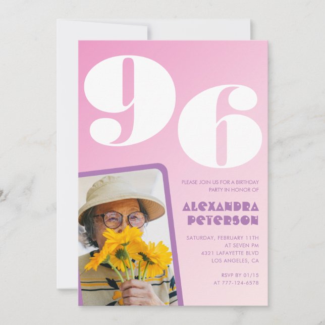 Invitation Retro Photo rose 96e anniversaire (Devant)