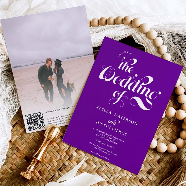 Invitation Retro photo violet script mariage Qr code (Créateur téléchargé)