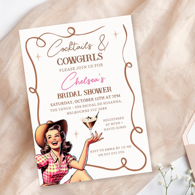 Invitation Retro Pink Cocktails Brown Fête des mariées Cowgir (Cowgirl Bridal Shower Invitation Template, Cocktail and Cowgirls Bridal Shower Invitation Retro)