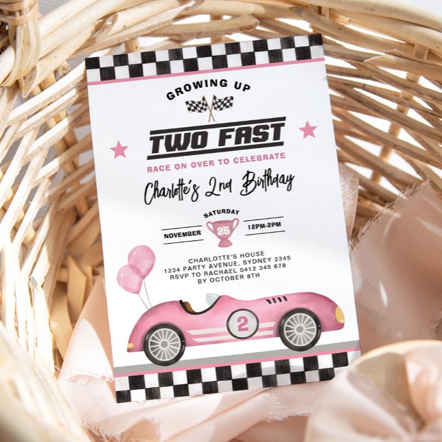Invitation Retro Pink Deux Fast Race Car Girl 2e anniversaire (Créateur téléchargé)