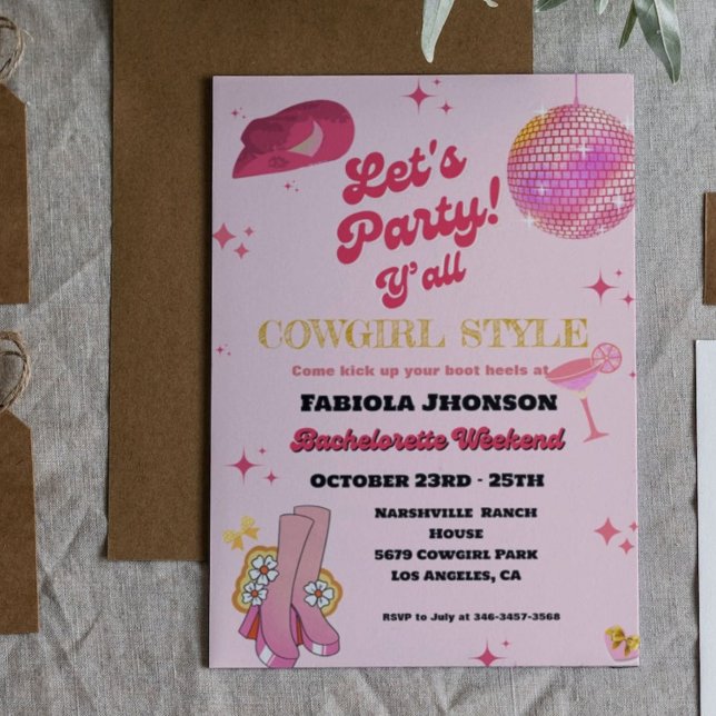 Invitation Retro Pink Disco Cowgirl Western Bachelorette (Créateur téléchargé)