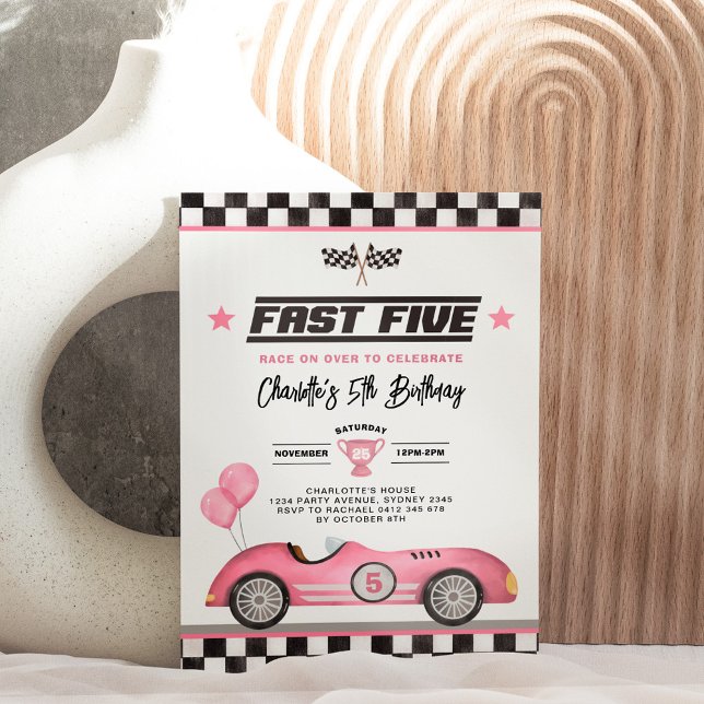 Invitation Retro Pink Fast Five Race Car Girl 5e anniversaire (Créateur téléchargé)
