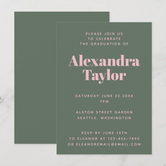 Invitation Retro Pink Green mignonne Soirée de Graduation est (Devant / Derrière)