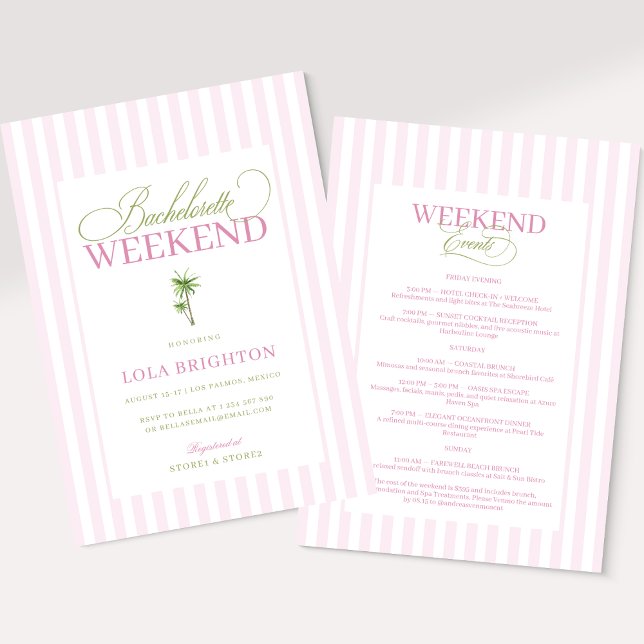 Invitation Retro Pink Green Palm Beach Bachelorette Itinerary (Créateur téléchargé)