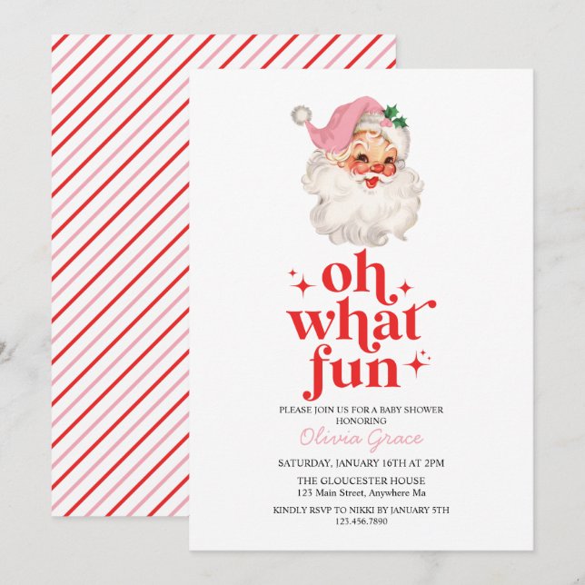 Invitation Retro Pink Père Noël oh quel Baby shower amusant (Devant / Derrière)