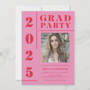 Invitation Retro Pink Red Typography Photo Graduation Party