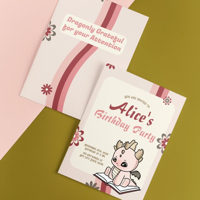 Invitation Retro Pink Yellow Pastel Baby Dragon Birthday (Créateur téléchargé)