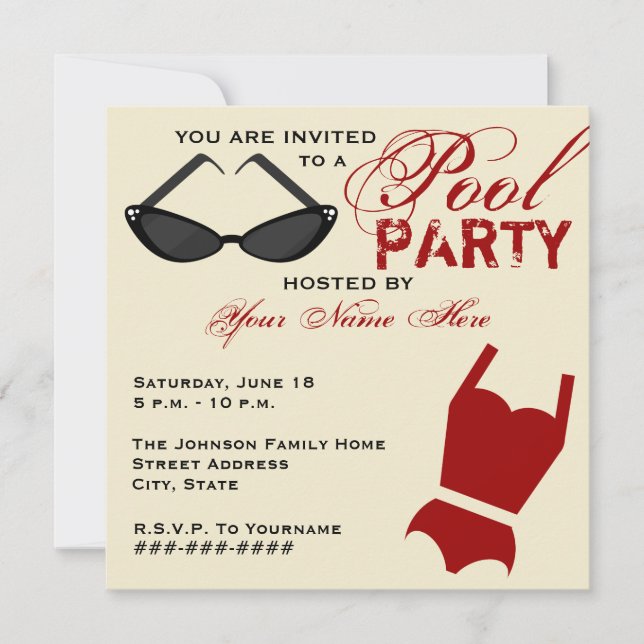 Invitation Retro Pool Party maillot de bain et lun (Devant)