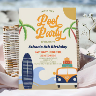Invitation Retro Pool Party Surf Board Anniversaire