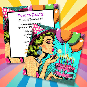 Invitation Retro Pop Art Femme tenant une fête d'anniversaire