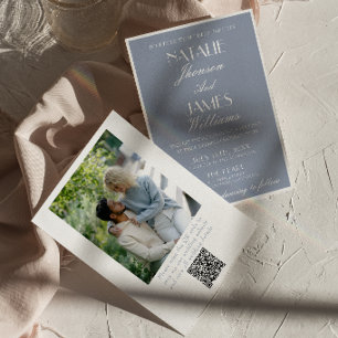Invitation Rétro Poussiéreux Bleu Argent Ancien QR Code Photo
