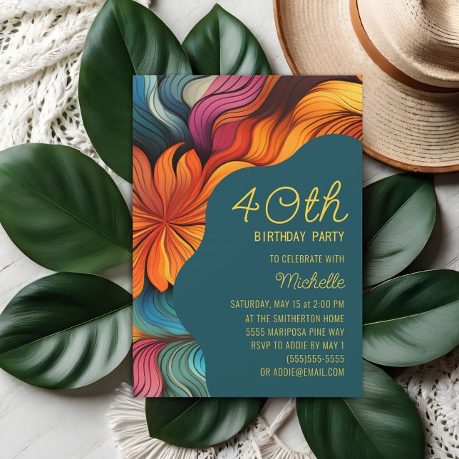 Invitation Retro Psychedelic Orange Turquoise Moderne 40e ann (Orange and teal retro psychedelic curves 40th birthday party invitation)