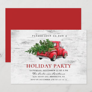Invitation Retro Red Farm Truck Birch Fête de Noël