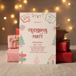 Invitation Retro Red Green Friendsmas Fête de Noël