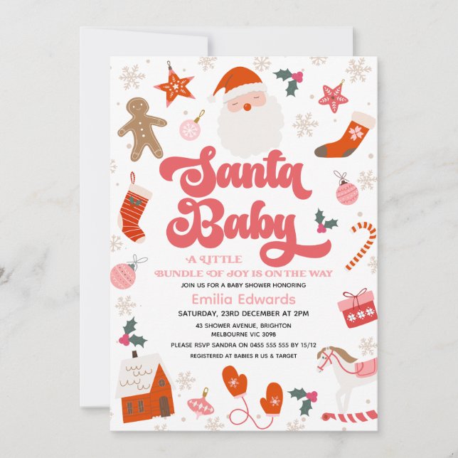 Invitation Retro Red Rose Girls Père Noël Baby shower bébé (Devant)