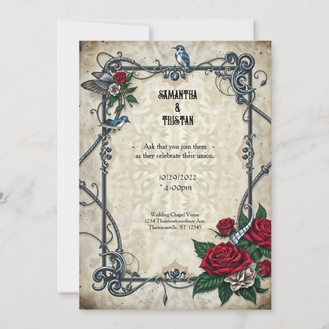 Invitation Retro Rockabilly Blue Bird Tattoo Goth Mariage (Devant)
