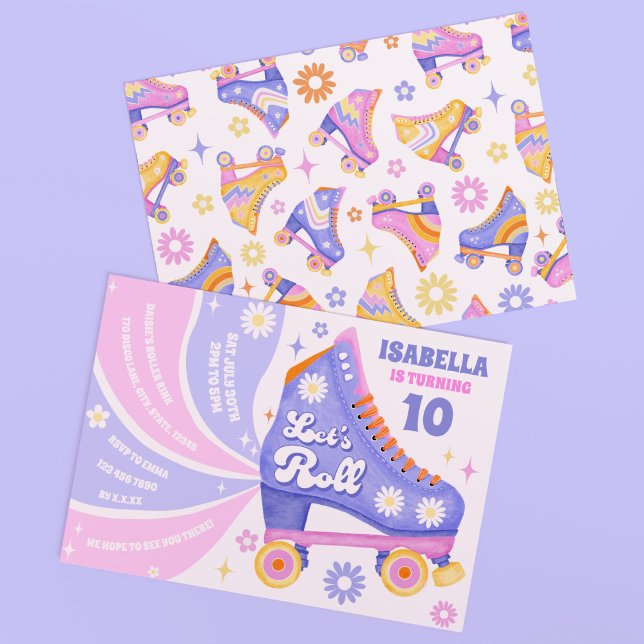 Invitation Retro Roller Sking Disco Anniversaire Fête (Let's roll on into the party with this fun and bright purple themed roller skate invitation!)