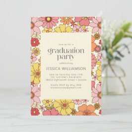 Invitation Retro rose jaune Floral Super fête de graduation