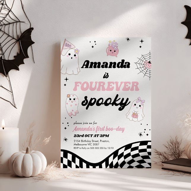 Invitation Retro Rose Noir Foureuse Éffrayant 4e anniversaire (Girls Fourever Spooky 4th Birthday Invitation, Halloween Fourever Spooky Birthday Invitation, Pink)