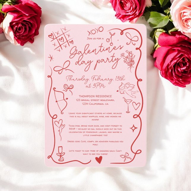 Invitation Retro Rouge et Pastel Pink Fête de la Saint-Galent (Retro Red and Pastel Pink Galentine's Day Party Invitation)