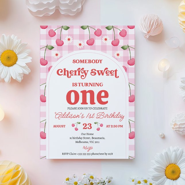 Invitation Retro Rouge Quelqu'un de Cherry Sweet Anniversaire (Modern Cherry Sweet Birthday Invitation Template, Retro Arch Cherry Birthday Invitation for Girl)