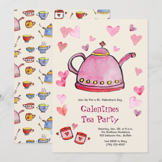 Invitation Retro Saint Valentin Galentines Tea Party Déjeuner (Devant / Derrière)