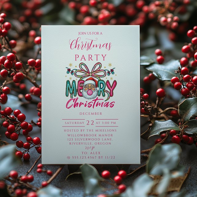 Invitation Retro Santa Merry Christmas Coquette Bow (Créateur téléchargé)
