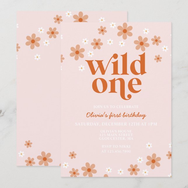 Invitation Retro sauvage une marguerite boho premier annivers (Devant / Derrière)