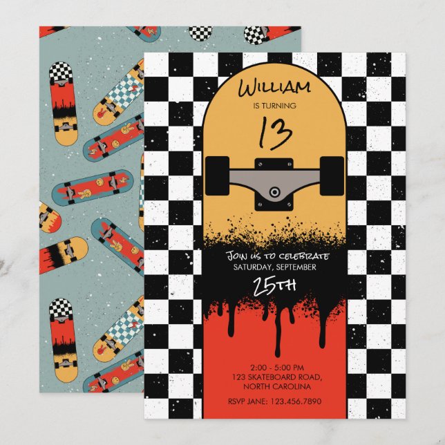 Invitation Retro Skateboard À damiers Skateboarder Anniversai (Devant / Derrière)