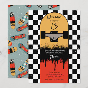 Invitation Retro Skateboard À damiers Skateboarder Anniversai