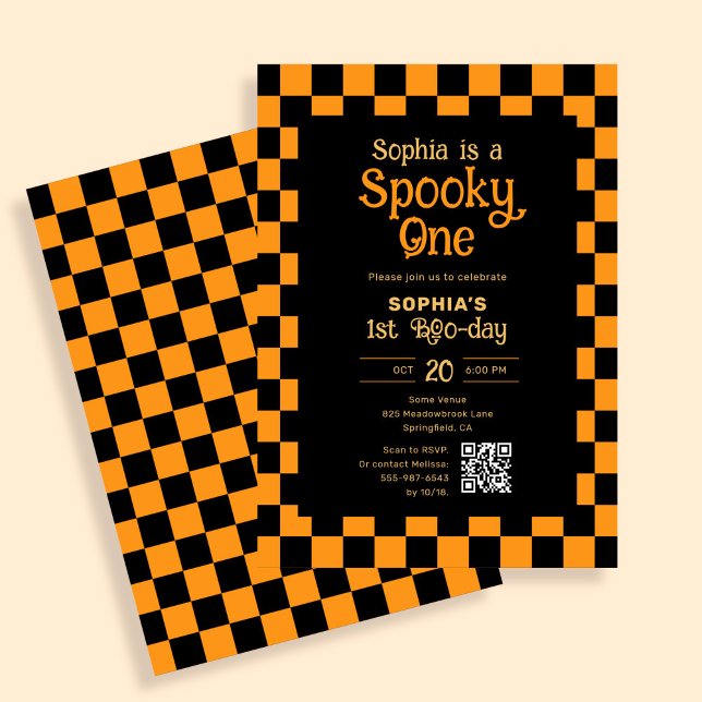 Invitation Retro Spooky One Checkered Orange 1st Birthday (Créateur téléchargé)