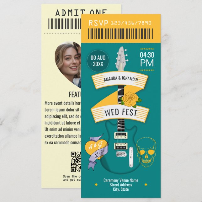 Invitation Retro Stereo Rock ’n’ Roll Wedding Ticket (Devant / Derrière)