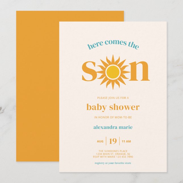 Invitation Retro Sun Voici le Baby shower du fils (Devant / Derrière)