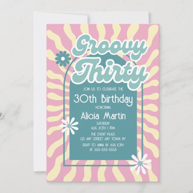 Invitation Retro Sun Wave Daisy Super Green 30e anniversaire (Devant)