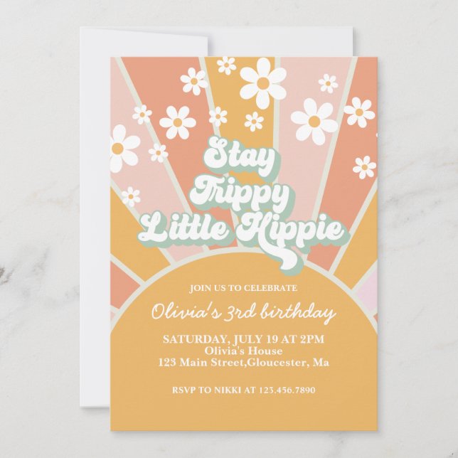Invitation Retro Sunshine Stay Trippy Little Hippie floral (Devant)